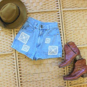 Vintage High Waist Crochet Lace Patch Denim Shorts